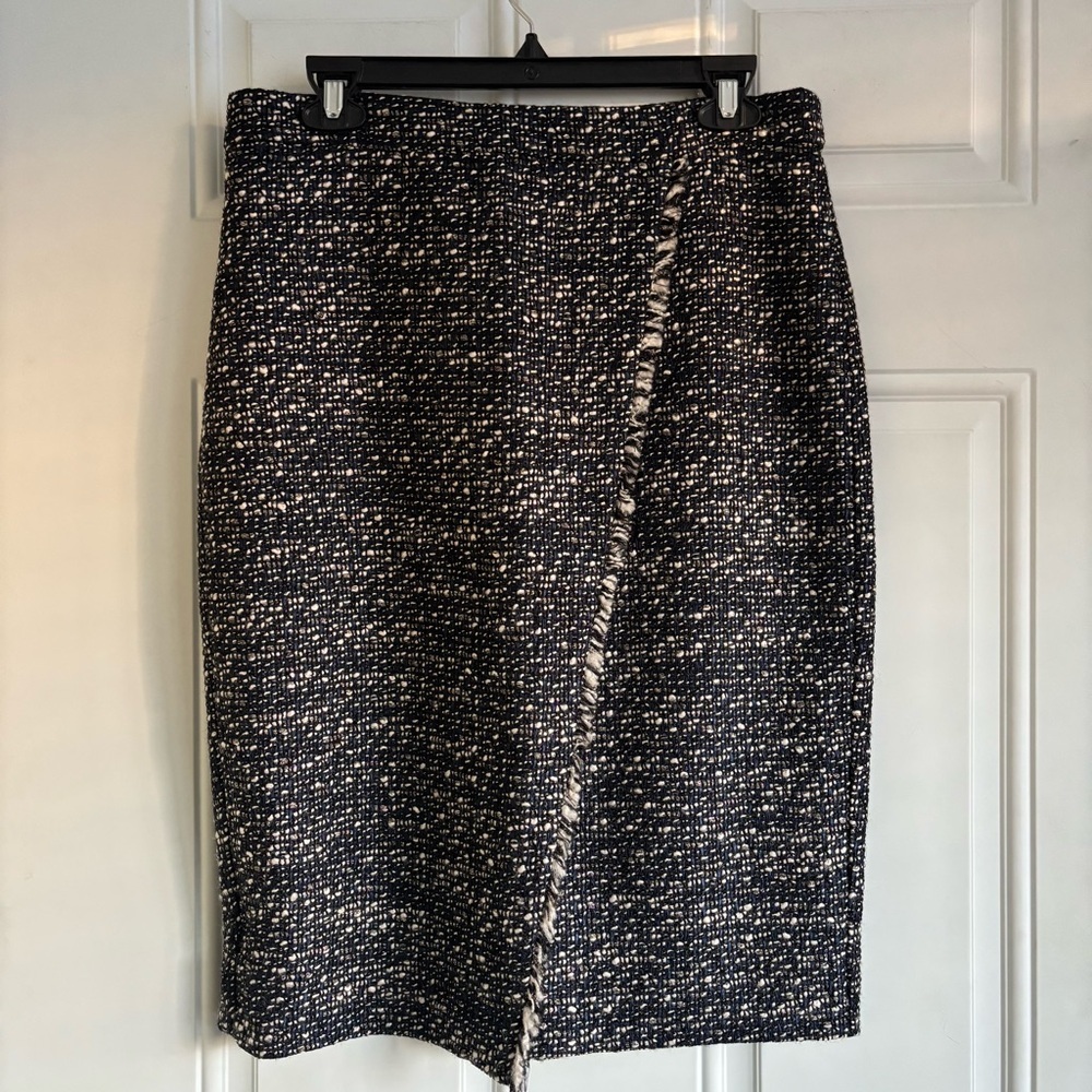 J. Crew Faux Wrap Navy/Off-White Tweed Pencil Skirt, Size 8
